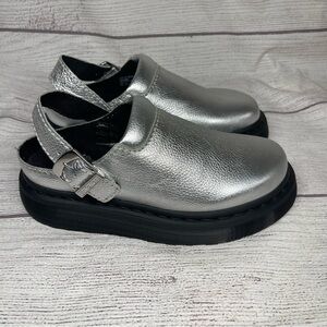 Dr Martens Laketen Women Size 6 Silver Metallic Leather Slingback Clog Mules